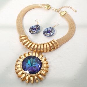 Gold and Blue Statement Necklace and Earring Set